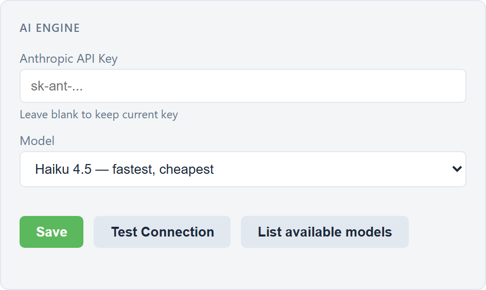 Settings: AI engine key and model