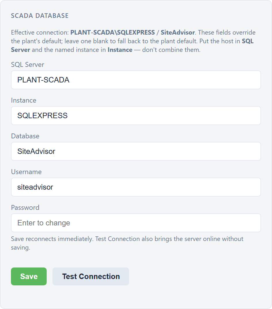 Settings: SCADA database connection